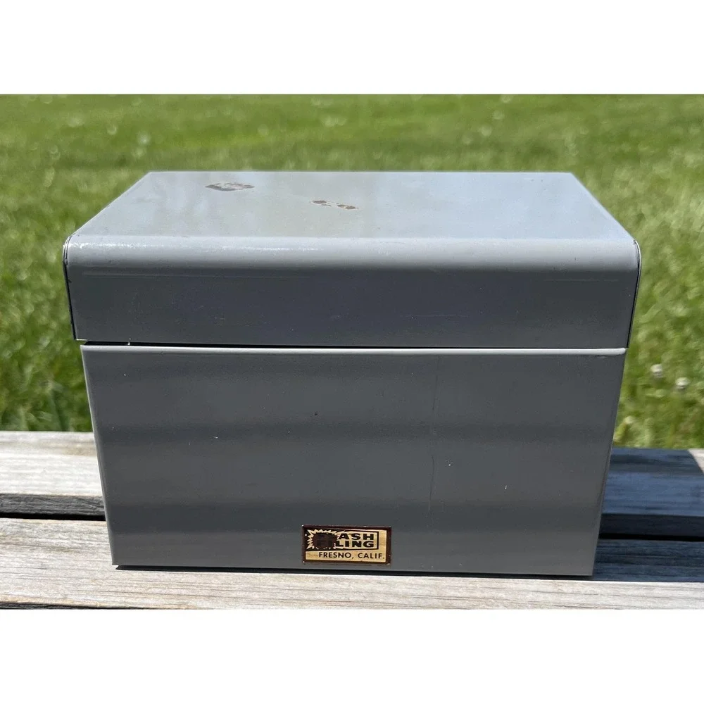 Vintage Flash Ling Gray Steel Index Card File Box Hinged Lid USA‎ Heavyweight